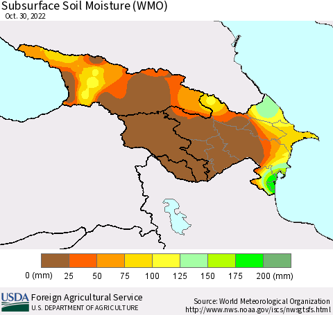 Azerbaijan, Armenia and Georgia Subsurface Soil Moisture (WMO) Thematic Map For 10/24/2022 - 10/30/2022