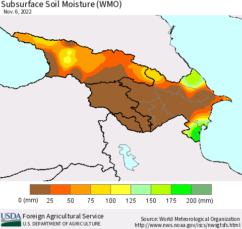 Azerbaijan, Armenia and Georgia Subsurface Soil Moisture (WMO) Thematic Map For 10/31/2022 - 11/6/2022