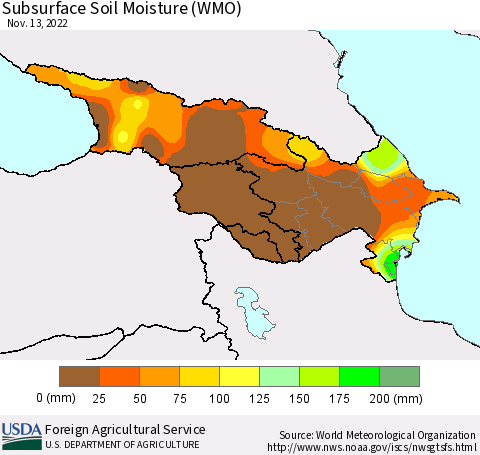 Azerbaijan, Armenia and Georgia Subsurface Soil Moisture (WMO) Thematic Map For 11/7/2022 - 11/13/2022