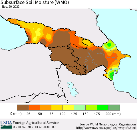 Azerbaijan, Armenia and Georgia Subsurface Soil Moisture (WMO) Thematic Map For 11/14/2022 - 11/20/2022