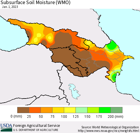 Azerbaijan, Armenia and Georgia Subsurface Soil Moisture (WMO) Thematic Map For 12/26/2022 - 1/1/2023