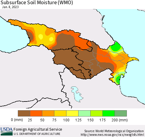 Azerbaijan, Armenia and Georgia Subsurface Soil Moisture (WMO) Thematic Map For 1/2/2023 - 1/8/2023