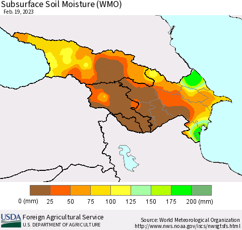 Azerbaijan, Armenia and Georgia Subsurface Soil Moisture (WMO) Thematic Map For 2/13/2023 - 2/19/2023