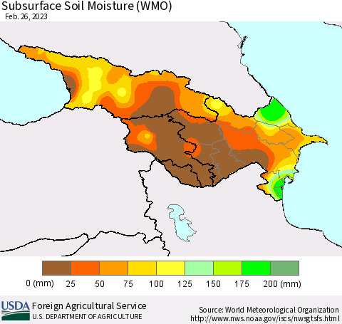 Azerbaijan, Armenia and Georgia Subsurface Soil Moisture (WMO) Thematic Map For 2/20/2023 - 2/26/2023
