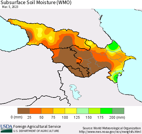 Azerbaijan, Armenia and Georgia Subsurface Soil Moisture (WMO) Thematic Map For 2/27/2023 - 3/5/2023