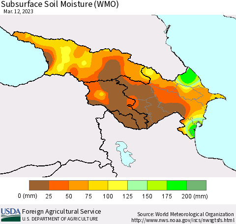 Azerbaijan, Armenia and Georgia Subsurface Soil Moisture (WMO) Thematic Map For 3/6/2023 - 3/12/2023