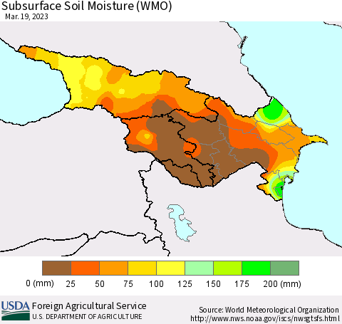 Azerbaijan, Armenia and Georgia Subsurface Soil Moisture (WMO) Thematic Map For 3/13/2023 - 3/19/2023