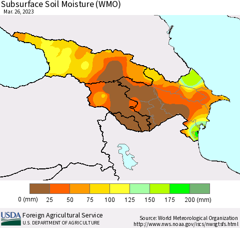 Azerbaijan, Armenia and Georgia Subsurface Soil Moisture (WMO) Thematic Map For 3/20/2023 - 3/26/2023