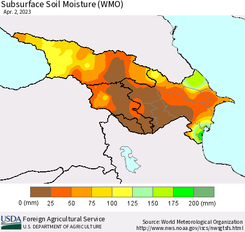 Azerbaijan, Armenia and Georgia Subsurface Soil Moisture (WMO) Thematic Map For 3/27/2023 - 4/2/2023