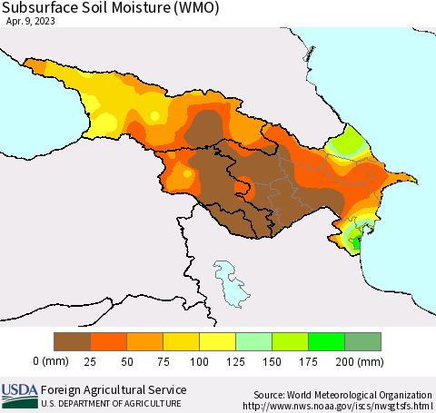 Azerbaijan, Armenia and Georgia Subsurface Soil Moisture (WMO) Thematic Map For 4/3/2023 - 4/9/2023