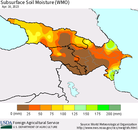 Azerbaijan, Armenia and Georgia Subsurface Soil Moisture (WMO) Thematic Map For 4/10/2023 - 4/16/2023