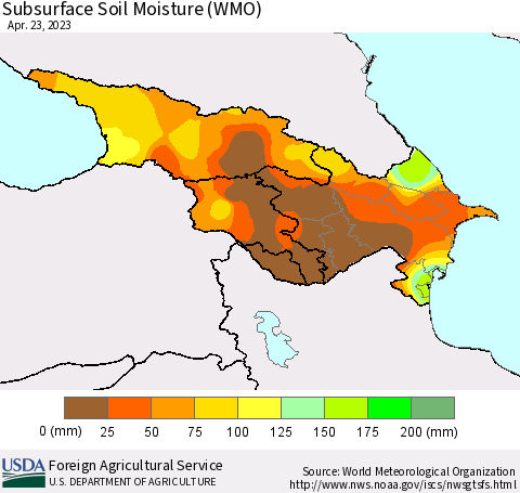 Azerbaijan, Armenia and Georgia Subsurface Soil Moisture (WMO) Thematic Map For 4/17/2023 - 4/23/2023
