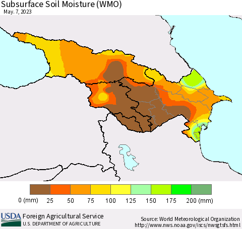 Azerbaijan, Armenia and Georgia Subsurface Soil Moisture (WMO) Thematic Map For 5/1/2023 - 5/7/2023