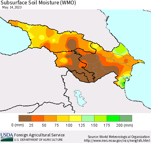 Azerbaijan, Armenia and Georgia Subsurface Soil Moisture (WMO) Thematic Map For 5/8/2023 - 5/14/2023