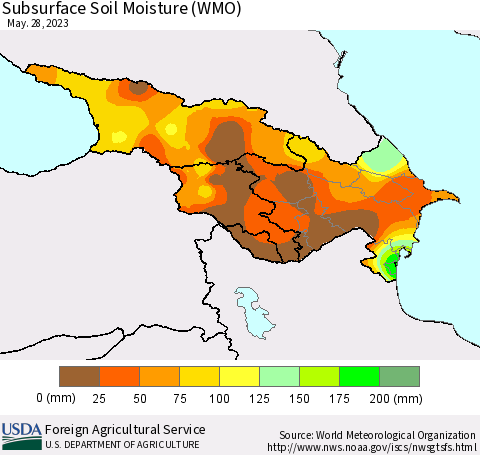 Azerbaijan, Armenia and Georgia Subsurface Soil Moisture (WMO) Thematic Map For 5/22/2023 - 5/28/2023