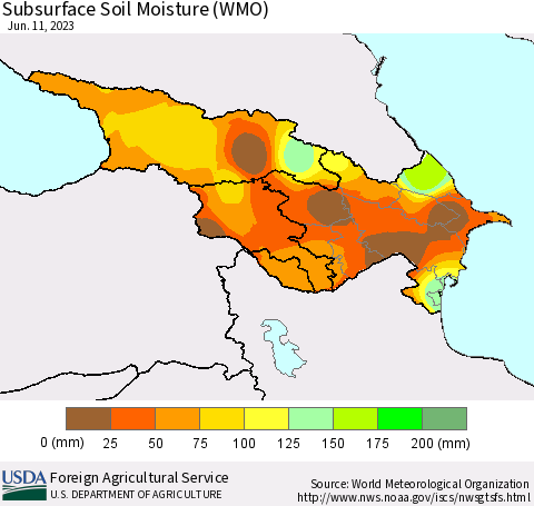 Azerbaijan, Armenia and Georgia Subsurface Soil Moisture (WMO) Thematic Map For 6/5/2023 - 6/11/2023