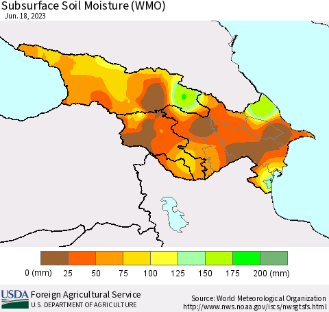 Azerbaijan, Armenia and Georgia Subsurface Soil Moisture (WMO) Thematic Map For 6/12/2023 - 6/18/2023
