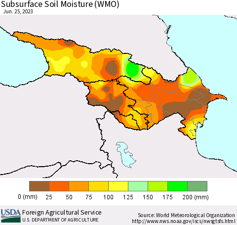 Azerbaijan, Armenia and Georgia Subsurface Soil Moisture (WMO) Thematic Map For 6/19/2023 - 6/25/2023
