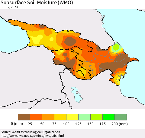 Azerbaijan, Armenia and Georgia Subsurface Soil Moisture (WMO) Thematic Map For 6/26/2023 - 7/2/2023