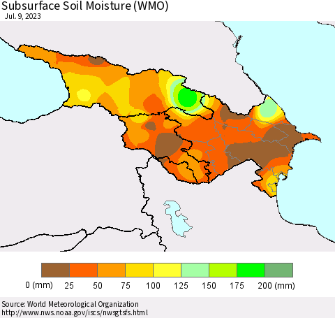 Azerbaijan, Armenia and Georgia Subsurface Soil Moisture (WMO) Thematic Map For 7/3/2023 - 7/9/2023