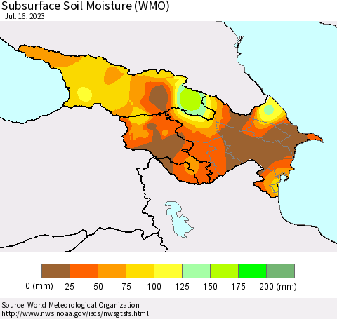 Azerbaijan, Armenia and Georgia Subsurface Soil Moisture (WMO) Thematic Map For 7/10/2023 - 7/16/2023