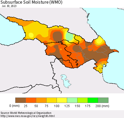 Azerbaijan, Armenia and Georgia Subsurface Soil Moisture (WMO) Thematic Map For 7/24/2023 - 7/30/2023