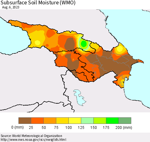 Azerbaijan, Armenia and Georgia Subsurface Soil Moisture (WMO) Thematic Map For 7/31/2023 - 8/6/2023