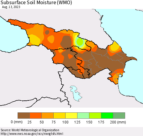 Azerbaijan, Armenia and Georgia Subsurface Soil Moisture (WMO) Thematic Map For 8/7/2023 - 8/13/2023