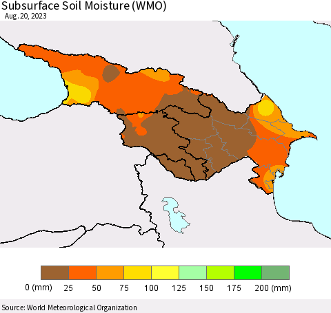 Azerbaijan, Armenia and Georgia Subsurface Soil Moisture (WMO) Thematic Map For 8/14/2023 - 8/20/2023