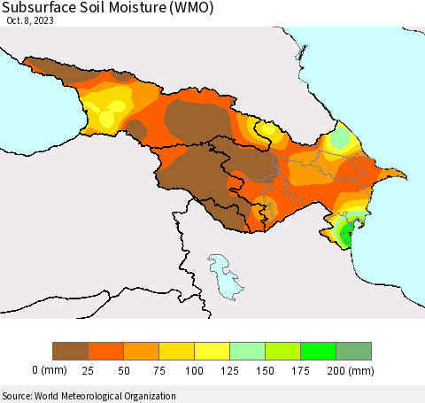 Azerbaijan, Armenia and Georgia Subsurface Soil Moisture (WMO) Thematic Map For 10/2/2023 - 10/8/2023