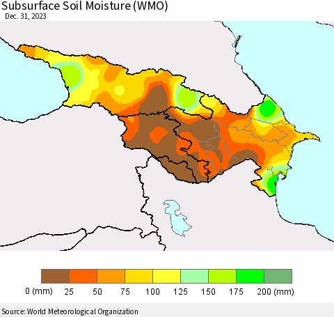Azerbaijan, Armenia and Georgia Subsurface Soil Moisture (WMO) Thematic Map For 12/25/2023 - 12/31/2023