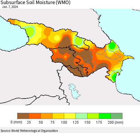 Azerbaijan, Armenia and Georgia Subsurface Soil Moisture (WMO) Thematic Map For 1/1/2024 - 1/7/2024