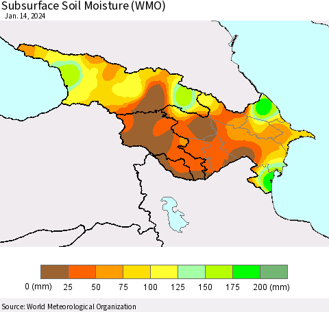 Azerbaijan, Armenia and Georgia Subsurface Soil Moisture (WMO) Thematic Map For 1/8/2024 - 1/14/2024