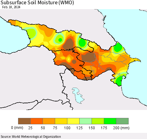 Azerbaijan, Armenia and Georgia Subsurface Soil Moisture (WMO) Thematic Map For 2/12/2024 - 2/18/2024