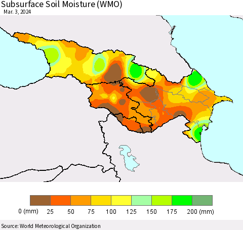 Azerbaijan, Armenia and Georgia Subsurface Soil Moisture (WMO) Thematic Map For 2/26/2024 - 3/3/2024