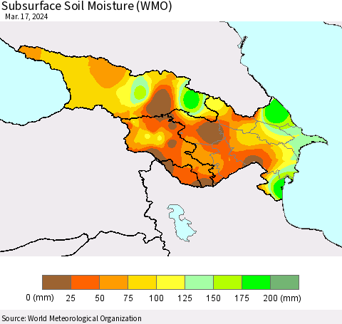 Azerbaijan, Armenia and Georgia Subsurface Soil Moisture (WMO) Thematic Map For 3/11/2024 - 3/17/2024