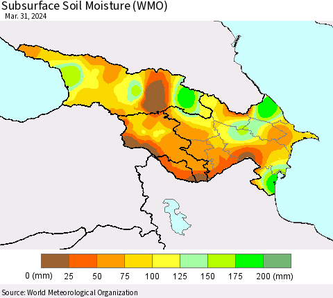 Azerbaijan, Armenia and Georgia Subsurface Soil Moisture (WMO) Thematic Map For 3/25/2024 - 3/31/2024
