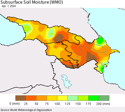 Azerbaijan, Armenia and Georgia Subsurface Soil Moisture (WMO) Thematic Map For 4/1/2024 - 4/7/2024