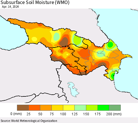 Azerbaijan, Armenia and Georgia Subsurface Soil Moisture (WMO) Thematic Map For 4/8/2024 - 4/14/2024