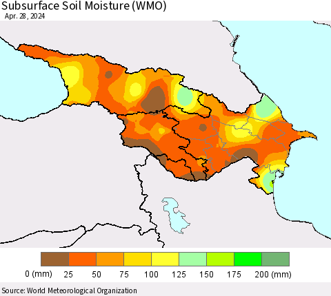 Azerbaijan, Armenia and Georgia Subsurface Soil Moisture (WMO) Thematic Map For 4/22/2024 - 4/28/2024