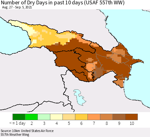 Azerbaijan, Armenia and Georgia Number of Dry Days in past 10 days (USAF 557th WW) Thematic Map For 9/1/2021 - 9/5/2021