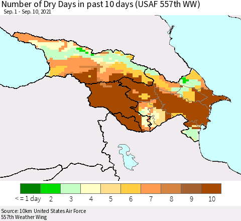 Azerbaijan, Armenia and Georgia Number of Dry Days in past 10 days (USAF 557th WW) Thematic Map For 9/6/2021 - 9/10/2021