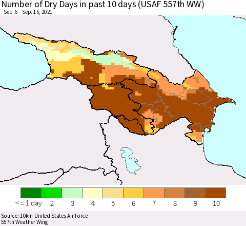 Azerbaijan, Armenia and Georgia Number of Dry Days in past 10 days (USAF 557th WW) Thematic Map For 9/11/2021 - 9/15/2021