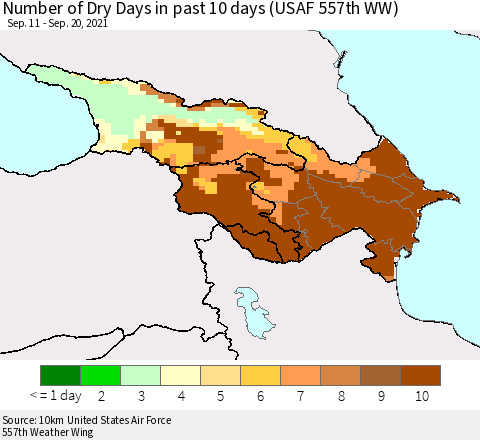 Azerbaijan, Armenia and Georgia Number of Dry Days in past 10 days (USAF 557th WW) Thematic Map For 9/16/2021 - 9/20/2021