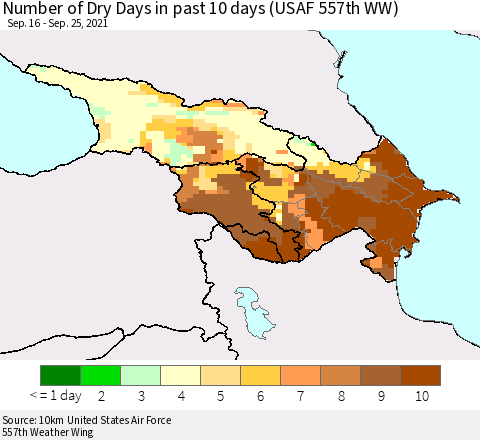 Azerbaijan, Armenia and Georgia Number of Dry Days in past 10 days (USAF 557th WW) Thematic Map For 9/21/2021 - 9/25/2021