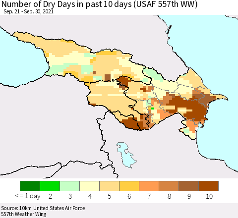 Azerbaijan, Armenia and Georgia Number of Dry Days in past 10 days (USAF 557th WW) Thematic Map For 9/26/2021 - 9/30/2021