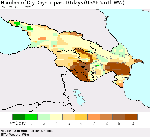 Azerbaijan, Armenia and Georgia Number of Dry Days in past 10 days (USAF 557th WW) Thematic Map For 10/1/2021 - 10/5/2021