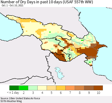 Azerbaijan, Armenia and Georgia Number of Dry Days in past 10 days (USAF 557th WW) Thematic Map For 10/6/2021 - 10/10/2021