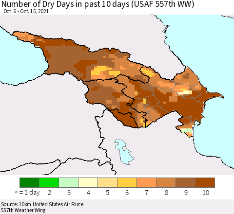 Azerbaijan, Armenia and Georgia Number of Dry Days in past 10 days (USAF 557th WW) Thematic Map For 10/11/2021 - 10/15/2021