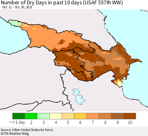 Azerbaijan, Armenia and Georgia Number of Dry Days in past 10 days (USAF 557th WW) Thematic Map For 10/16/2021 - 10/20/2021